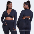 Mulheres plus size atlético desgaste cross top e leggings conjunto de fitness roupas de manga longa de ioga preta de manga longa